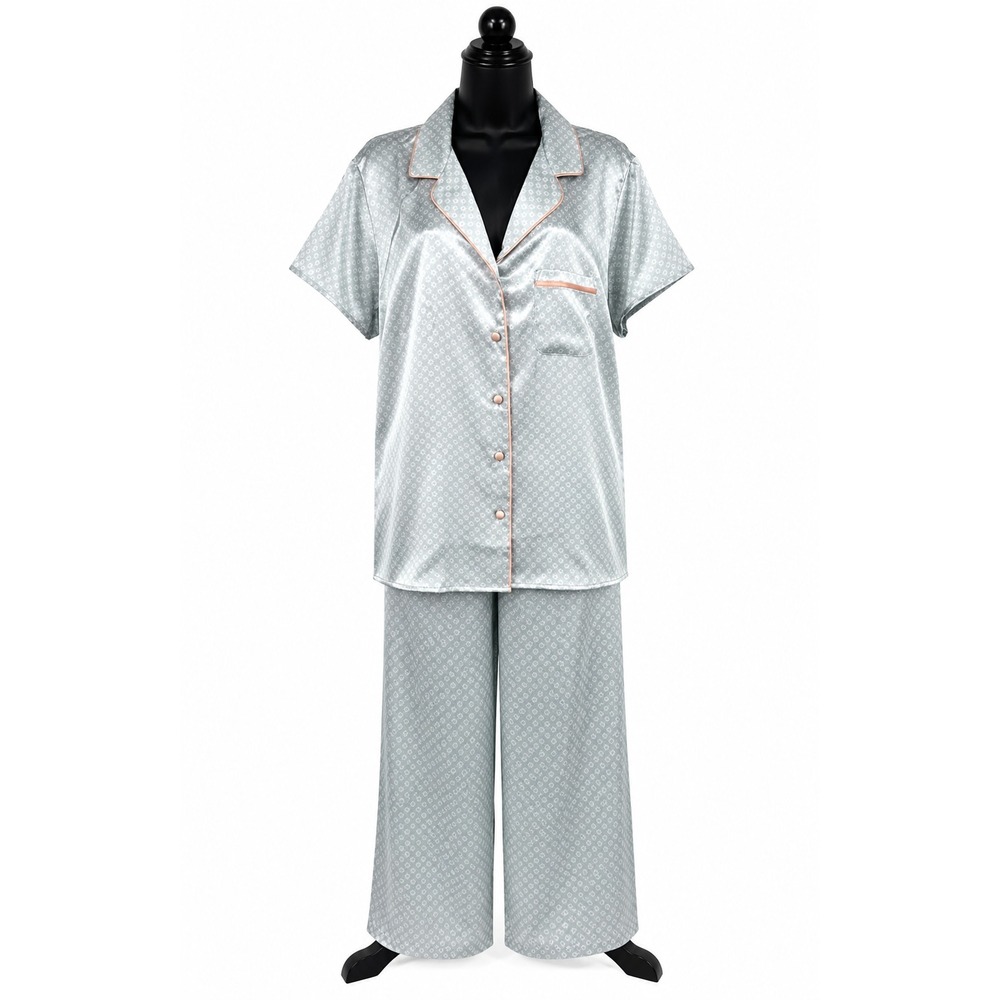 M&S Woman Womens Short Sleeve Pajama Top Pant Set Size 16‎ Gray Floral Satin